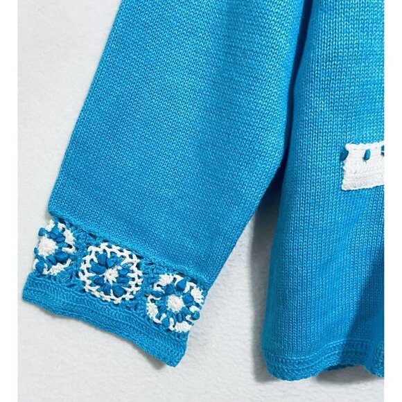 Storybook Knits Cardigan Sweater Womens Large Crochet Embellished Turquoise Blue - Picture 3 of 7